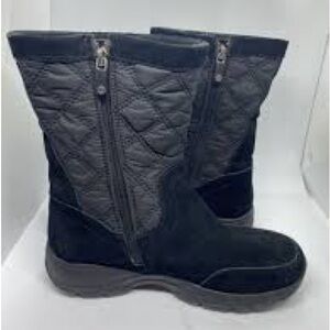 LANDS END 8.5B Black Suede Side Zip Quilted Ankle Below Knee Winter Boots